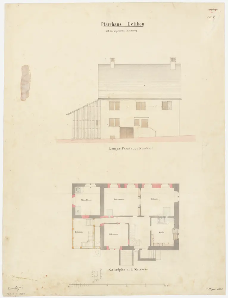 Uetikon am See: Pfarrhaus, projektierte Umänderung; Grundriss des 1. Stocks und Nordansicht (Nr. 7)