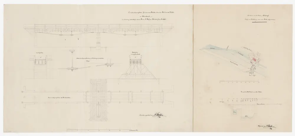 Adliswil: Hölzerne Balkenbrücke über die Sihl bei der Mühle von Herrn J. Hafner; Situationsplan, Grundriss und Schnitte