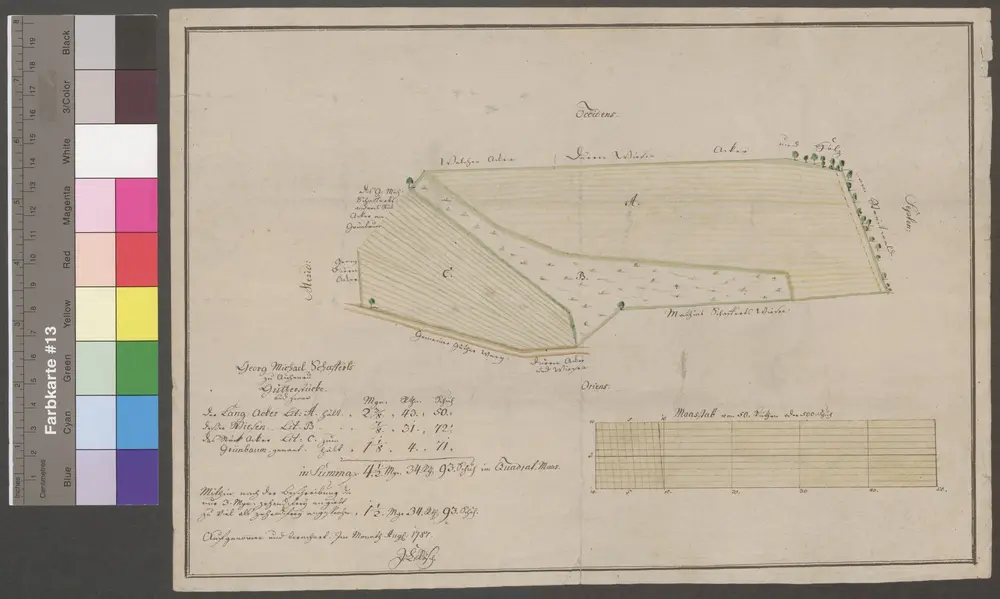 HZAN GA 100_Nr. 62_ : Eichenau; "Georg Michel Schafferts Güterstücke";J.C. Rösch;50 Ruten = 14,2 cm;32,7 x 22,5 cm; Norden rechts;Papier; Aquarell.