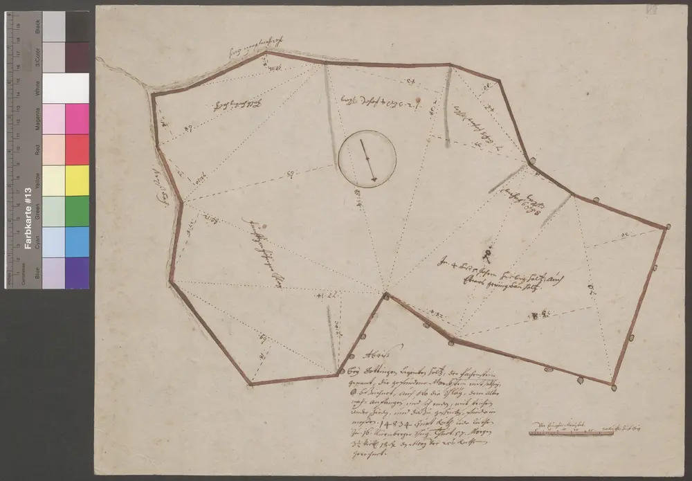 HZAN GA 100_Nr. 59_ : Döttingen (Kr. Schwäbisch Hall); "bei Döttingen liegendes Holz, der Pachenstein";ohne Verfasser;30 Ruten = 6,2 cm;43,5 x 34,5 cm; Norden unten nach rechts;Pappe; Tusche; Grenze ausgezogen; Einteilung in Dreiecke zur Vermessung.