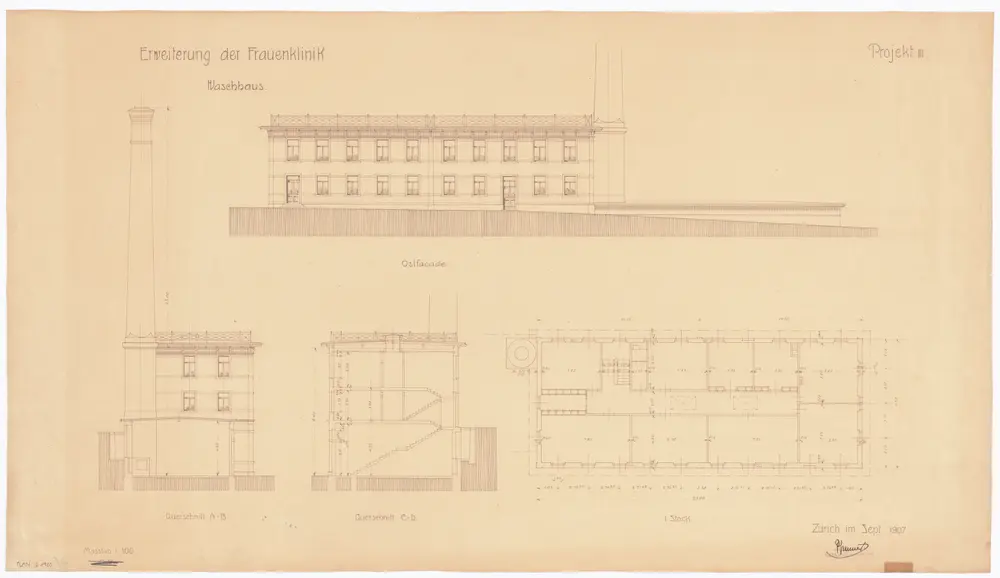 Frauenklinik Zürich: Erweiterung des Waschhauses; Ostansicht, Grundriss (1. Stock) und Querschnitte