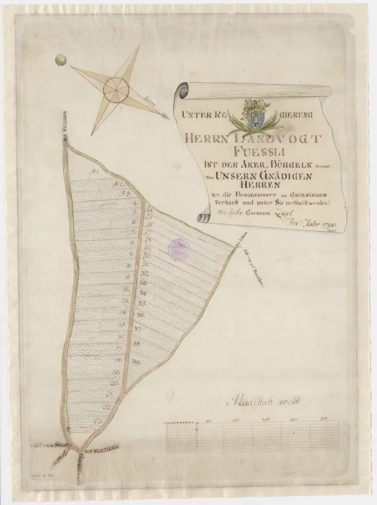 Grüningen: Durch Landvogt Füssli an die Bürgerschaft von Grüningen verkaufter Acker namens "Bürgeln"; Grundriss
