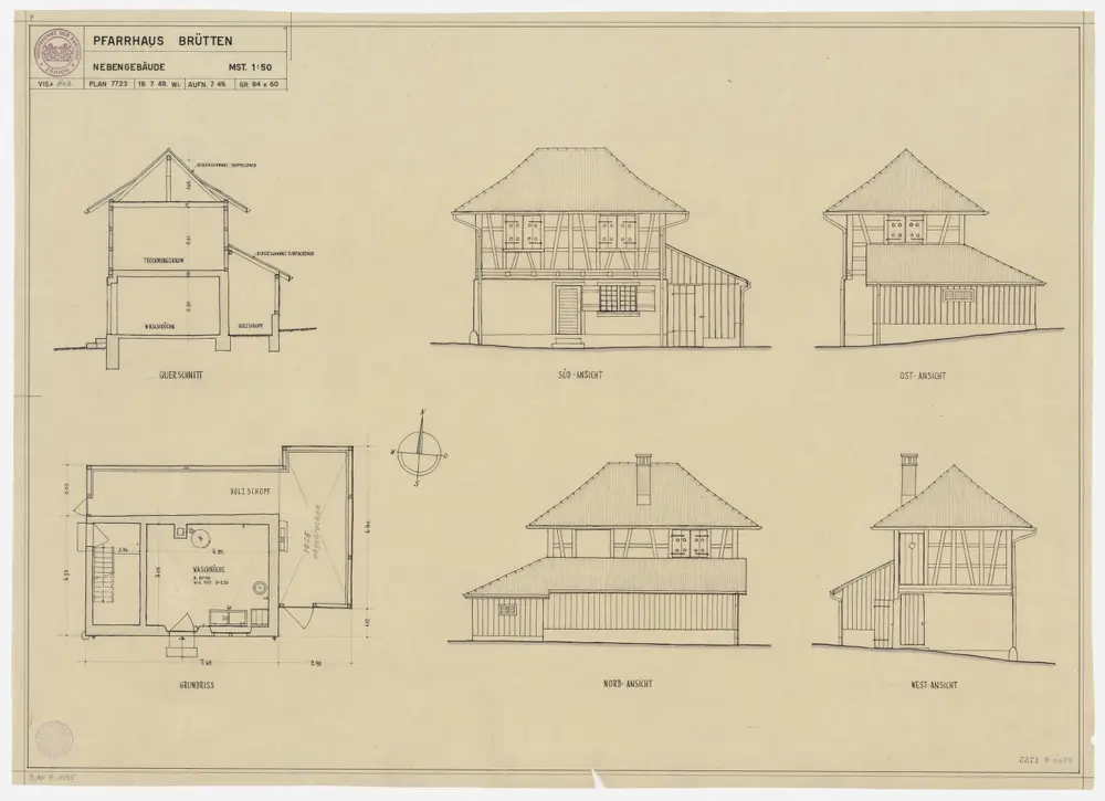 Brütten: Nebengebäude; Grundriss, Nord-, Süd-, Ost- und Westansichten und Querschnitt