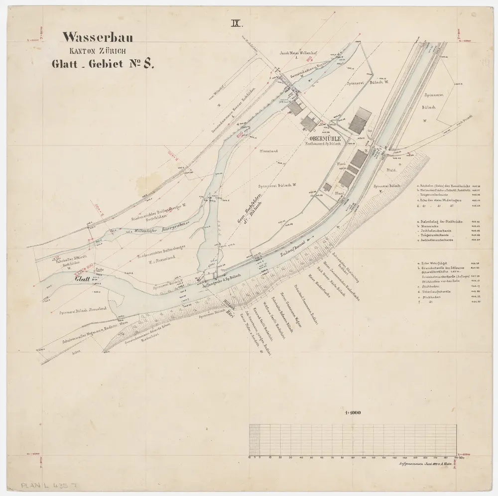 Rümlang bis Bülach: Glatt von der Mühle in Rümlang bis zum Zieglenwehr in Bülach; Grundrisse (Glatt-Gebiet Nr. 8): Blatt IX: Glatt bei der Obermühle in Bülach; Grundriss (Glatt-Gebiet Nr. 8)