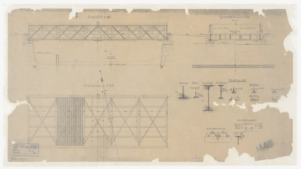 Schlieren, Dietikon: Brücken über die Reppisch: Schlieren, Dietikon: Eiserne Fachwerkbrücke über die Reppisch an der Zürcherstrasse; Seitenansicht, Grundriss und Schnitte