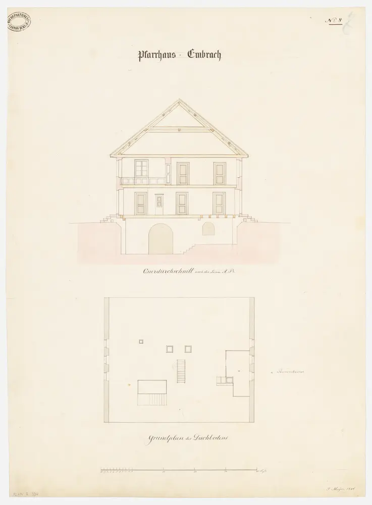 Embrach: Pfarrhaus; Querschnitt und Grundriss des Dachgeschosses (Nr. 8)