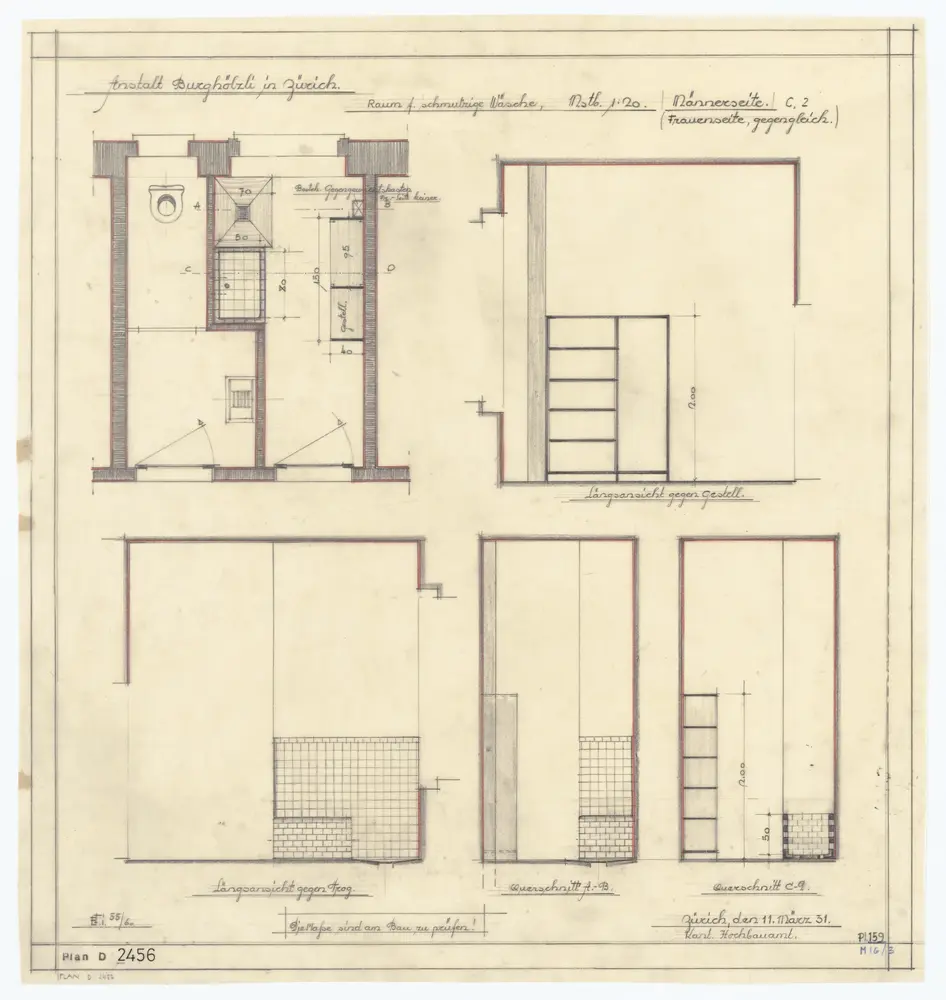 Heilanstalt Burghölzli: Männerabteilung, Abteilung C 2, Raum für schmutzige Wäsche; Ansichten, Grundriss und Querschnitt