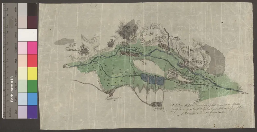 HZAN GA 100_Nr. 833_ : Rostock; "Sichtbare Position deren Östreicher jenseits der Metau zwischen Rostock und Tschernschitz" [Skizze];ohne Verfasser;ohne Maßstab;38 x 22 cm;Kartenrand: Hügelgelände ohne besondere Bezeichnung; Rostock; Nohorzahn-Mistetz;Papier; Federzeichnung mit Schraffen; Gewässer und Talauen in Wasserfarben; Siedlungen im Grundriß; Truppenstellungen.