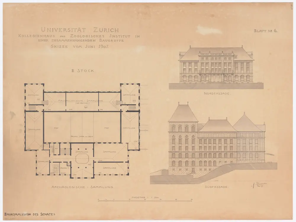 Universität Zürich, projektiertes Kollegienhaus und projektiertes Zoologisches Institut: Nord- und Südansicht und Grundriss 3. Stock (Nr. 6)