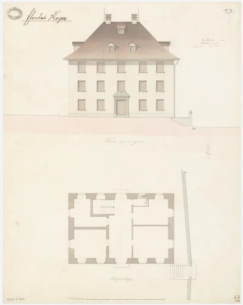 Horgen: Pfarrhaus; Ansicht und Grundriss des Erdgeschosses (Nr. 6)