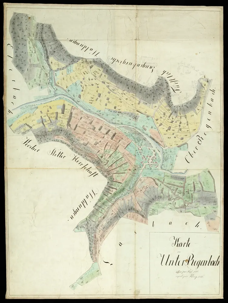 HZAN GA 100_Nr. 392_ : Unterregenbach (Gemeinde Langenburg, Kr. Crailsheim); "Karte von Unterregenbach";Proß und König;ohne Maßstab [40 cm = 1 km];89 x 118 cm; Norden oben;Papier auf Leinwand; Federzeichnung; Flur-, Waldstücke und Häuser in Wasserfarben hervorgehoben, nummeriert und mit Meßgehalt versehen; Bergschraffen und Angabe der Steinriegel.