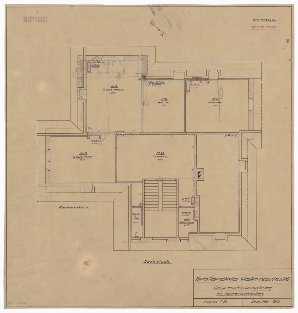 Schindlergut Zürich 6: Umbau für Generaldirektor Schindler-Escher; Dachstock; Warmwasserheizungsanlage; Grundriss