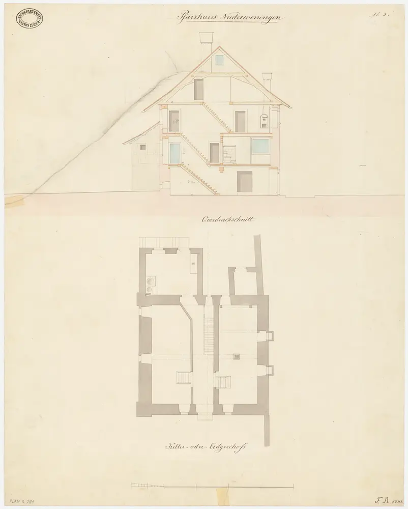 Niederweningen: Pfarrhaus; Querschnitt und Grundriss des Erdgeschosses (Nr. 3)