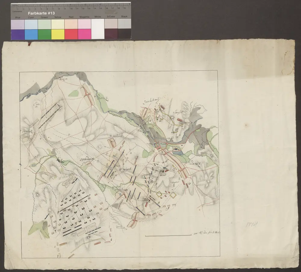 HZAN GA 100_Nr. 727_ : Schönbach; [ohne Titel; Manöverkarte mit 1 Deckblatt];ohne Verfasser;500 Ruten oder 1/4 Meile = 8 cm;34 x 37,5 cm;Kartenrand: Polsnitz; Schmelwitz-Hasenbusch; Großpeterwitz;Papier; Federzeichnung mit Schraffen; Siedlungen, Wälder und Talauen in Wasserfarben; Truppenstellungen.