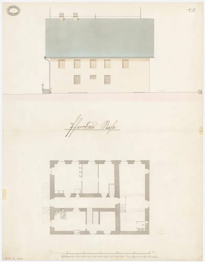 Stäfa: Pfarrhaus; Grundriss des Erdgeschosses und Nordwestansicht (Nr. 5)