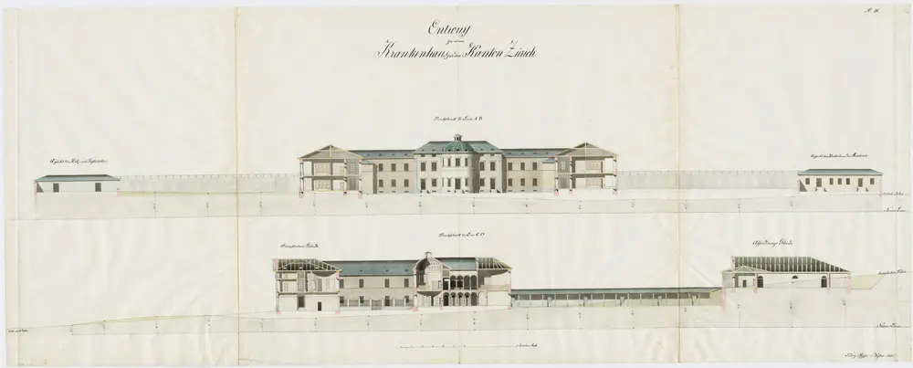 Fluntern: Projektiertes Kantonsspital, Haupt- und Nebengebäude; Ansichten und Schnitte