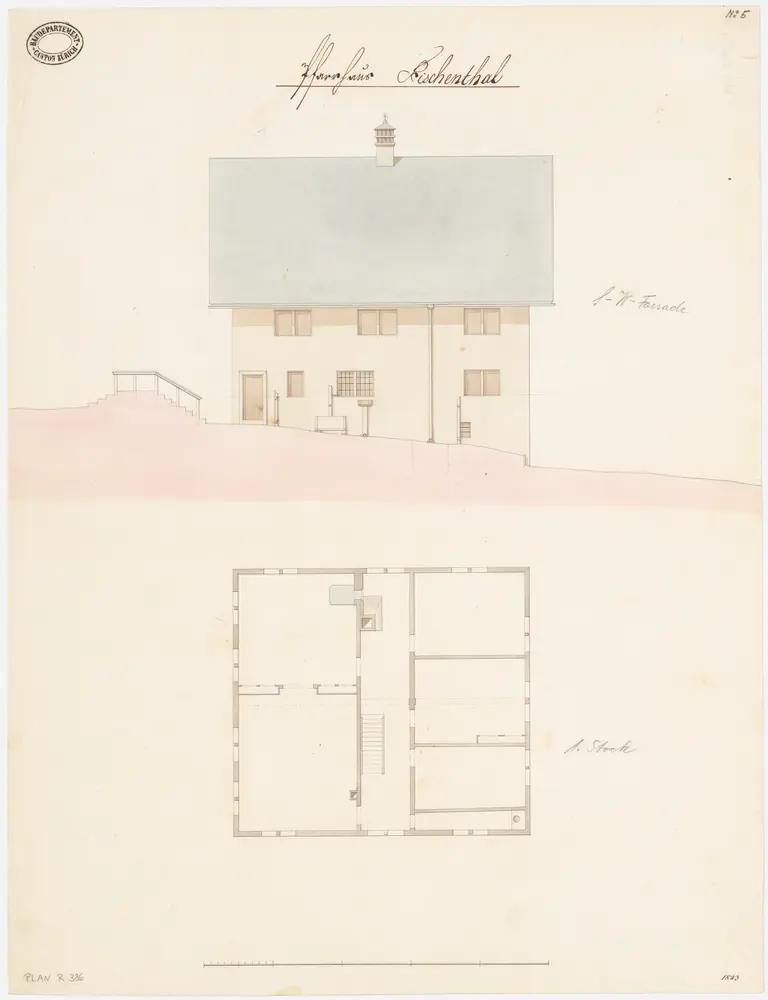 Fischenthal: Pfarrhaus; Südwestansicht und Grundriss des 1. Stock (Nr. 5)