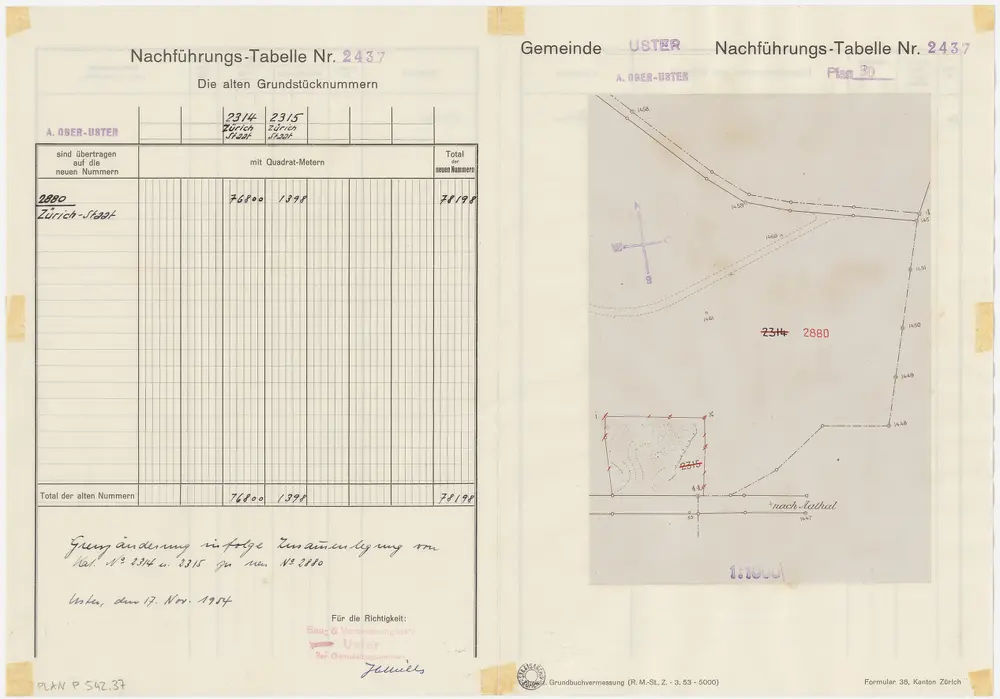 Uster, Seegräben: Staatswaldungen: Uster: Grenzänderung im Horn infolge Zusammenlegung von Kataster Nr. 2314 und 2315 zu neu Nr. 2880; Grundriss und Tabelle