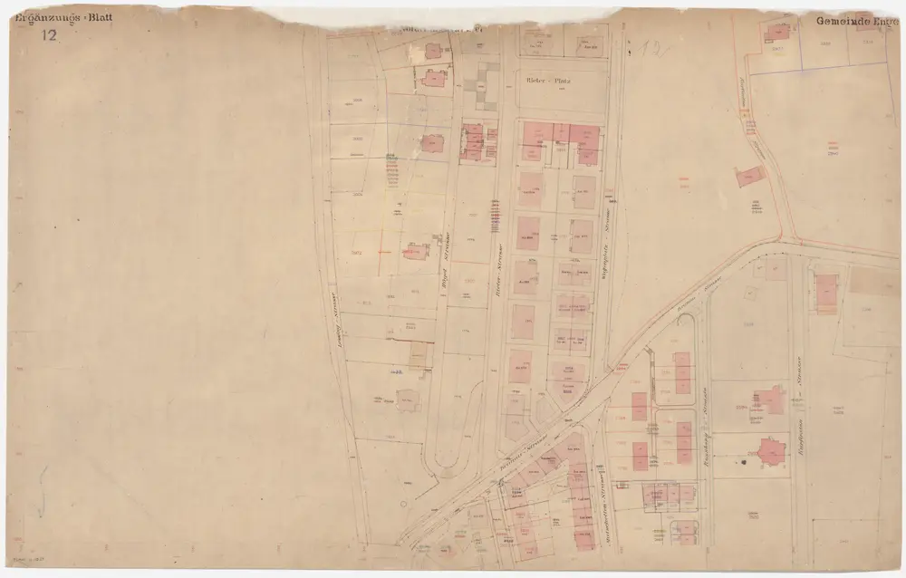 Enge: Gemeinde; Katasterpläne und Kataster-Ergänzungspläne: Ergänzungsblatt XII: Gegend bei Lessingstrasse, Waffenplatzstrasse, Kurfirstenstrasse, Brunaustrasse und Sihl; Situationsplan