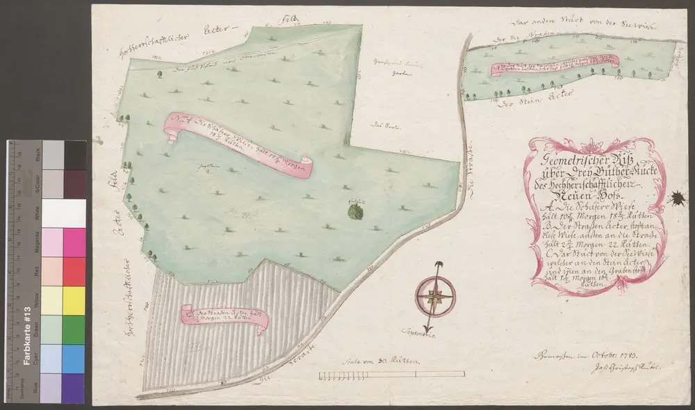 HZAN GA 100_Nr. 236_ : Langenburg-Neuhof; J. Christoph Rübel;30 Ruten = 11,4 cm;46,5 x 31 cm; Norden unten;Papier; Wasserfarben; Wiesen, Fluren und Straßen besonders hervorgehoben.