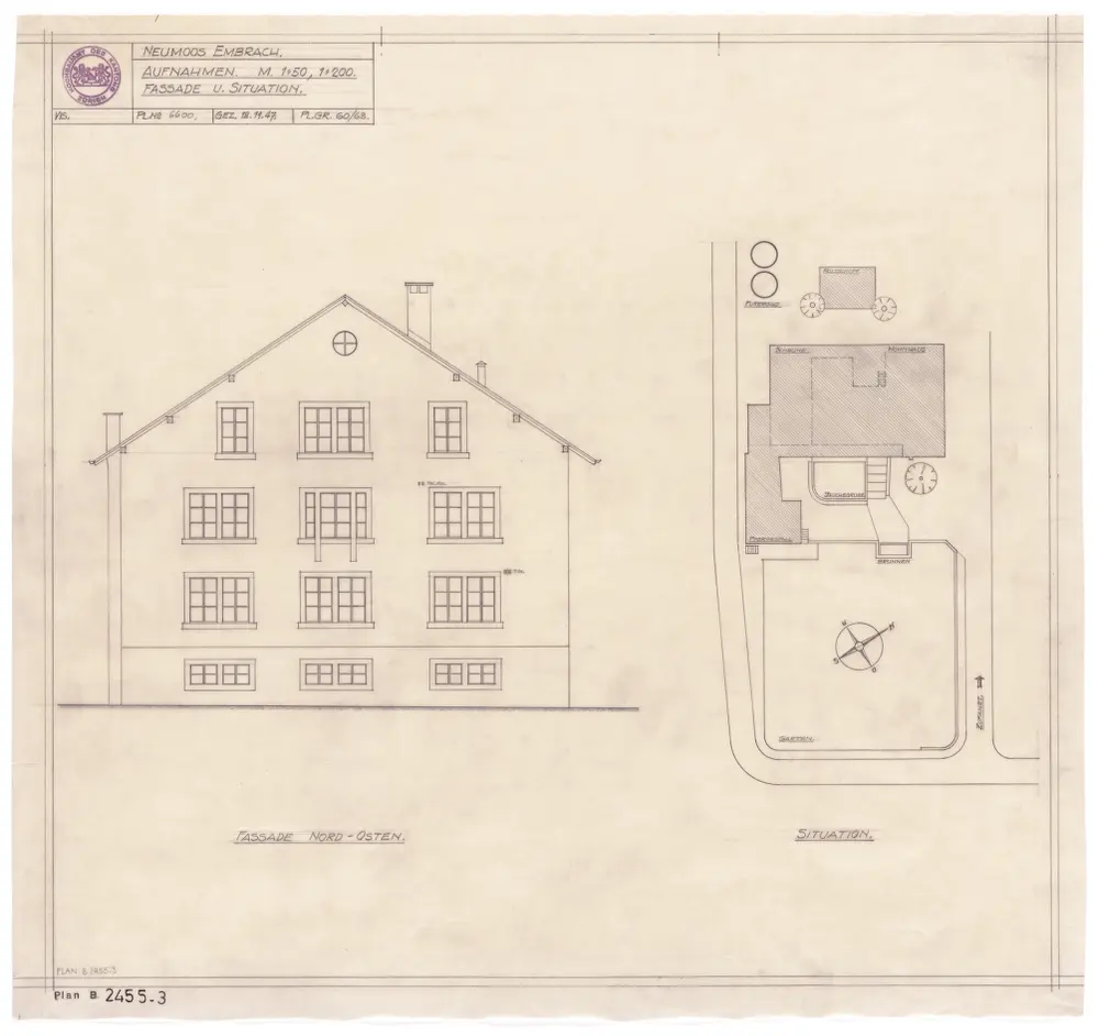 Embrach: Liegenschaft Neumoos: Nordostfassade und ganze Liegenschaft; Ansicht und Situationsplan