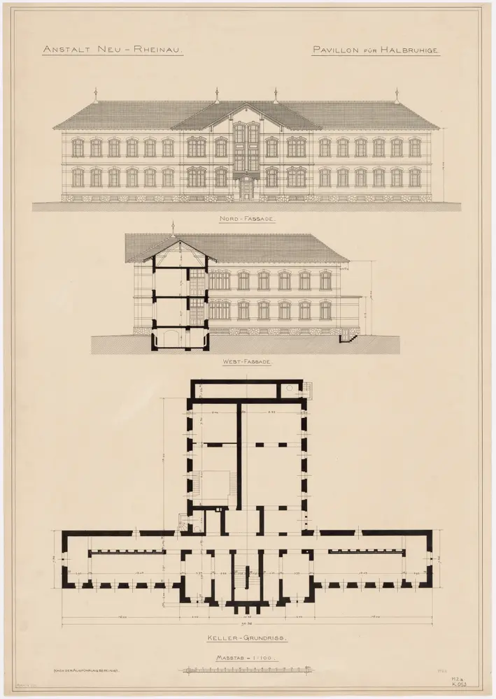 Pflegeanstalt Neu-Rheinau: Gebäude für Halbruhige; Ansichten und Grundriss
