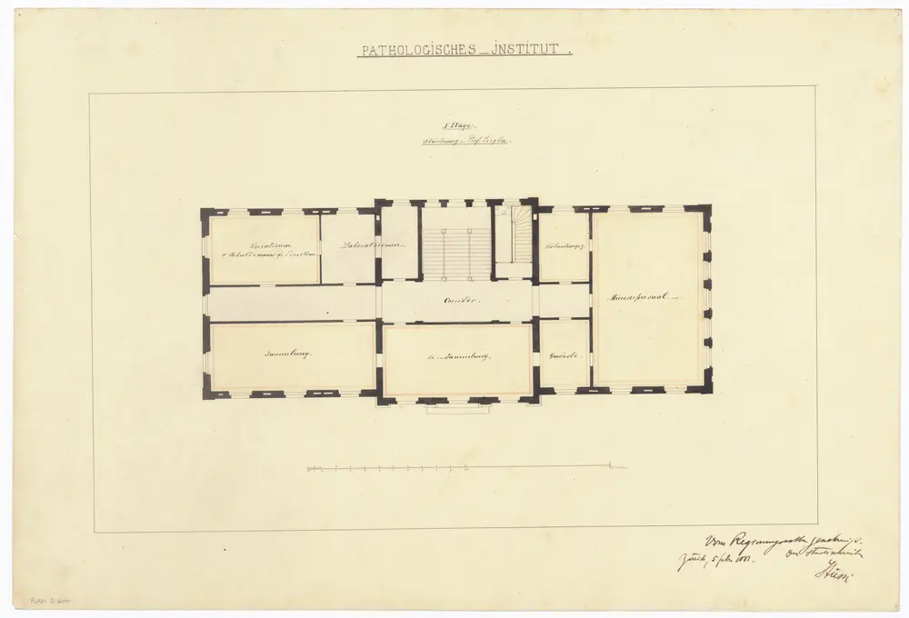 Kantonsspital Zürich, projektiertes Pathologisches Institut, Abänderungen nach Professor Ziegler: 1. Stock; Grundriss