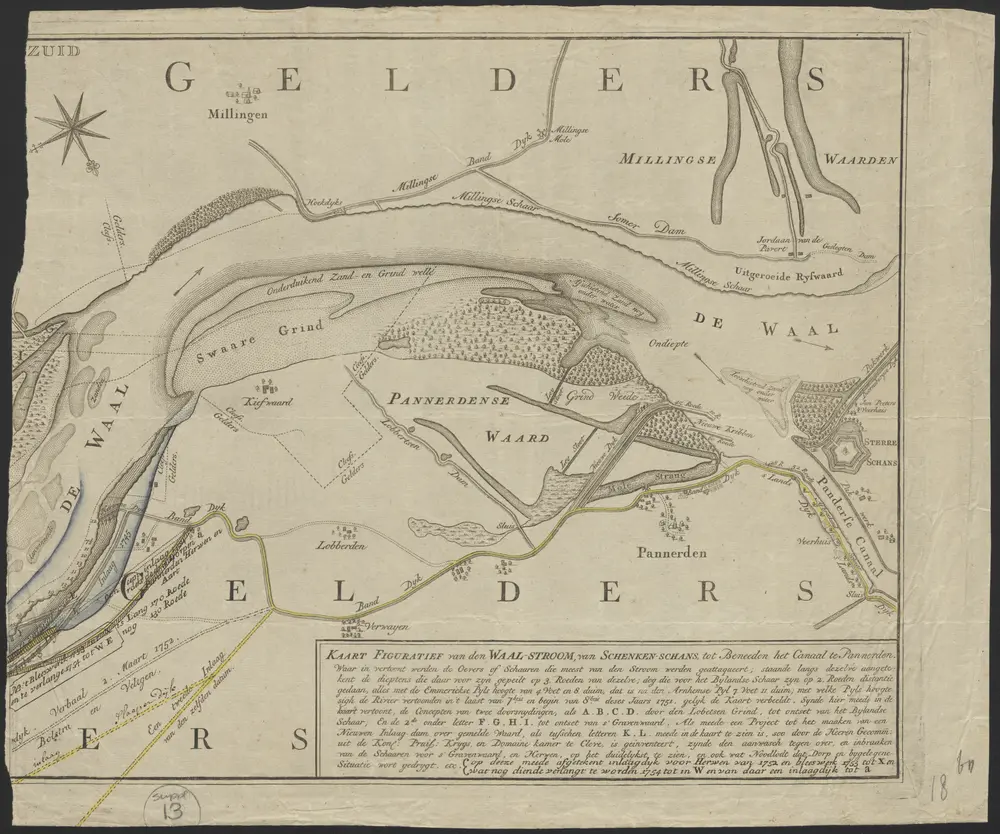 Kaart figuratief van den Waal-stroom, van Schenken-schans tot beneeden het Canaal te Pannerden : waar in vertoont werden de oevers of schaaren die meest van den stroom werden geattaqueert; staande langs dezelve aangetekent de dieptens die daar voor zyn gepeilt [...] met welke pyls hoogte sigh de rivier vertoonden in 't laast van 7bris en begin van 8bris deses jaars 1751 [...] op deeze meede afgetekent inlaagdyk voor Herwen van 1752 en bleeswerk van 1753 [...] en wat nog diende verlangt te worden 1754 [...]