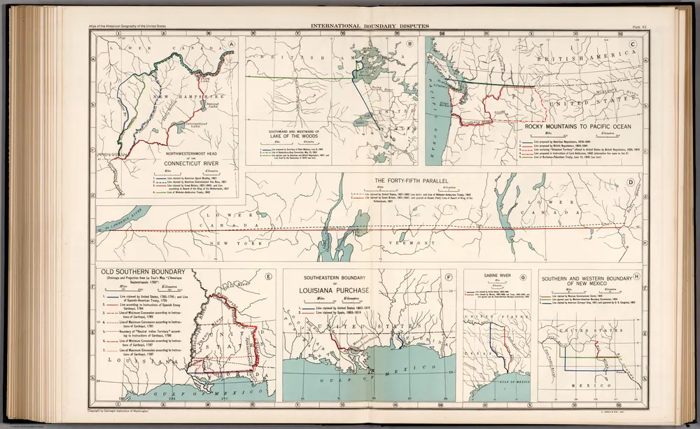 Plate 93.  International Boundary Disputes.  Connecticut River.  Lake of the Woods.  The Forty-Fifth Parallel, etc.