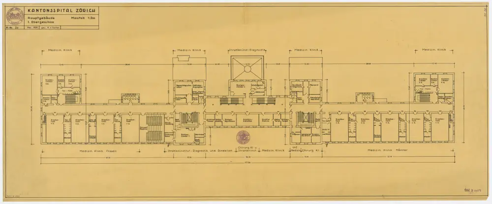 Zürich: Kantonsspital, Hauptgebäude, 1. Stock; Grundriss