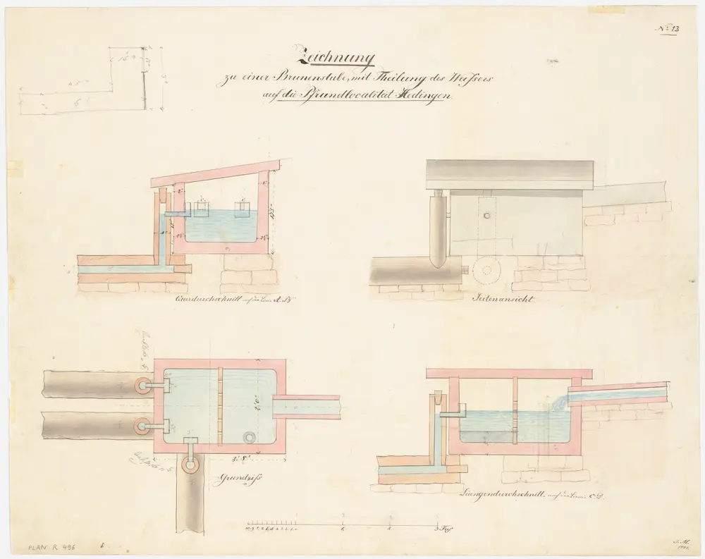 Hedingen: Brunnenstube; Ansicht, Grundriss, Längs- und Querschnitt (Nr. 13)