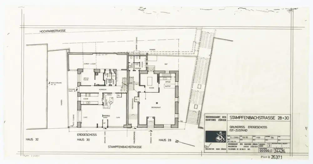 Haus Stampfenbachstrasse 28 und 30: Erdgeschoss; Grundrisse: Erdgeschoss, Ist-Zustand; Grundriss