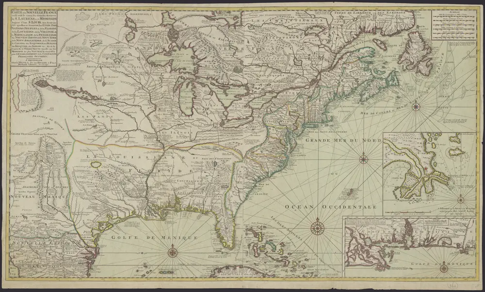 Carte de la Nouvelle France ou se voit le cours des grandes rivieres de S. Laurens & de Mississipi aujour d'hui S. Louis, aux environs des-quelles se trouvent les etats pais nations peuples &. de la Floride, de la Louisiane, de la Virginie, de la Marie-Lande, de la Pensilvanie du Nouveau Jersey, de la Nouv. York de la Nouv. Angleterre, de L'Acadie de Canada, des Esquimaux, des Hurons, des Iroquois, des Ilinois &c. et de la grande ile de Terre Neuve