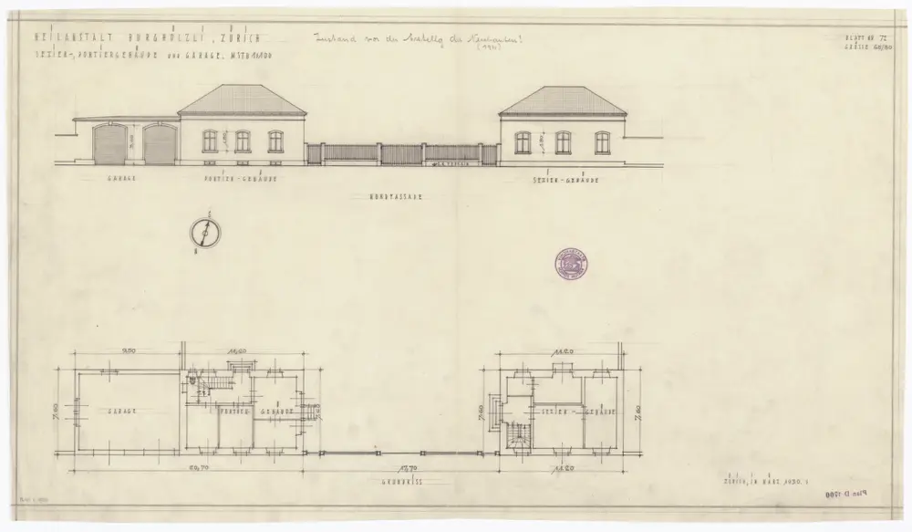 Heilanstalt Burghölzli, Sezier-, Portiergebäude und Garage: Nordansicht und Grundriss