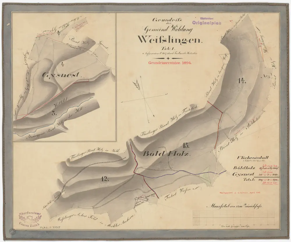 Weisslingen: Gemeindewaldung bzw. Genossenschaftswaldung: Gemeindewaldungen Gisnest (Gysnest), Helltobel, Böldholz; Grundrisse (Tab. I)