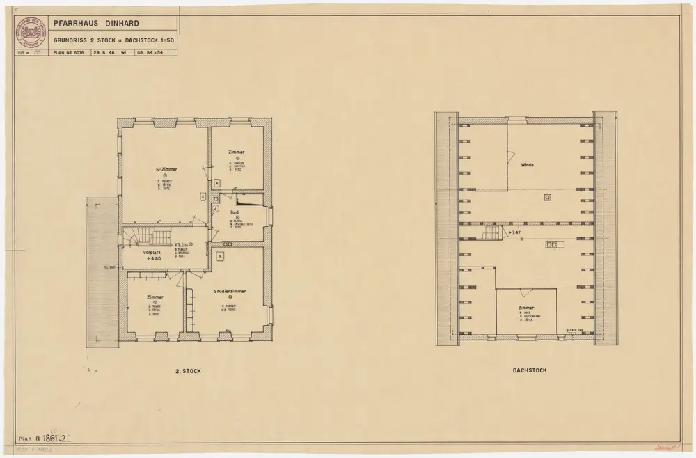 Dinhard: Pfarrhaus: 2. Stock und Dachgeschoss; Grundrisse