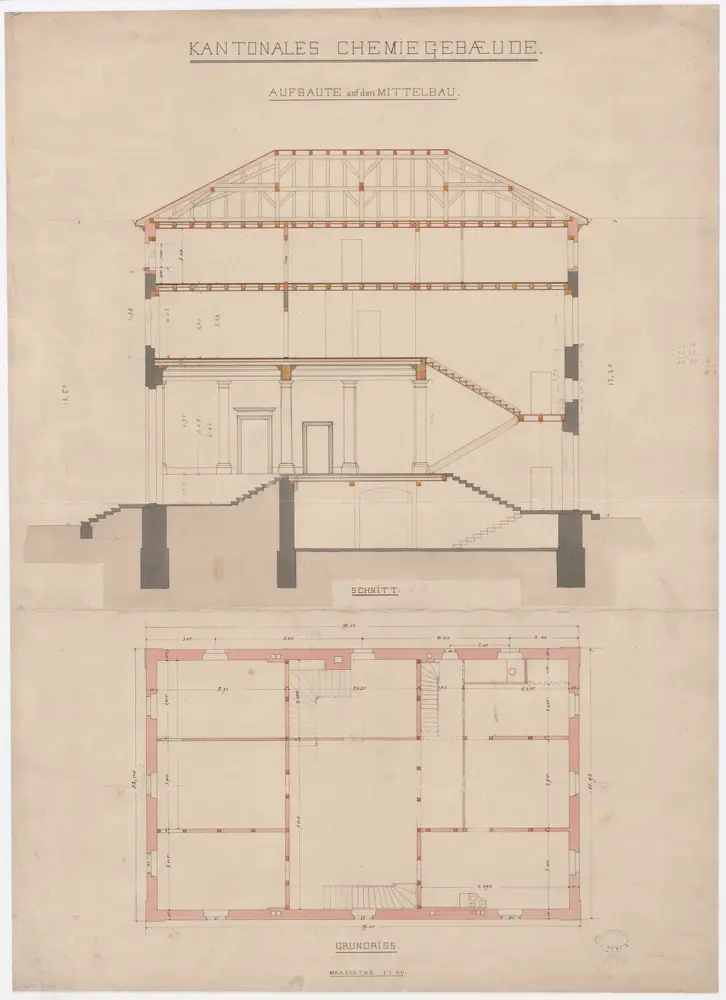 Kantonales Chemiegebäude: Aufbau auf den Mittelbau; Grundriss und Schnitt