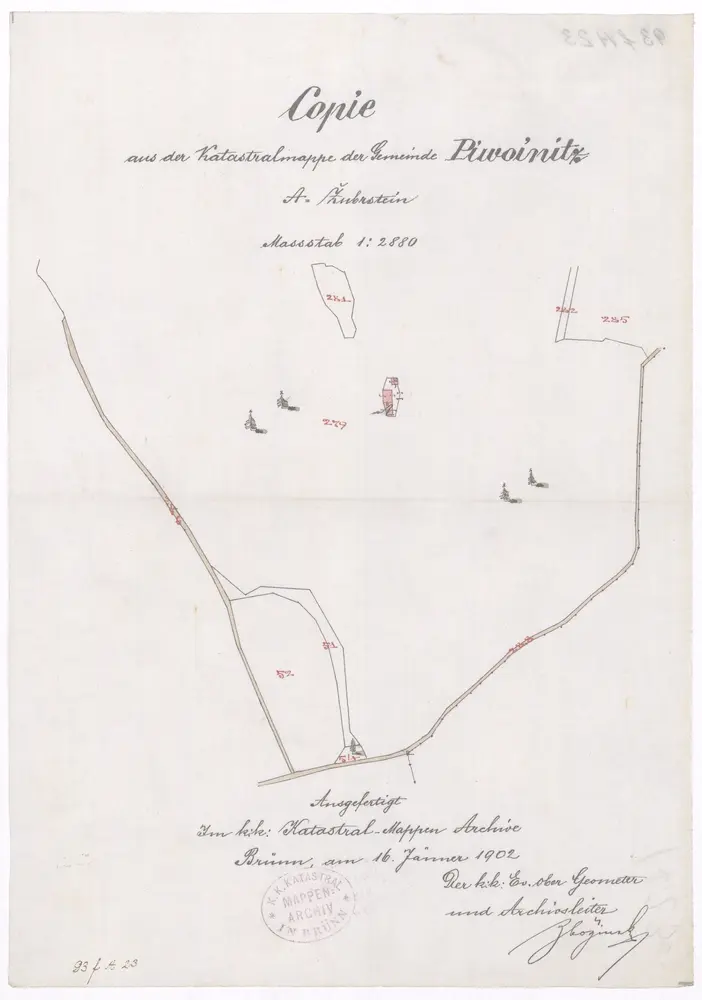 Copie aus der Katastralmappe der Gemeinde Piwoinitz [sic]