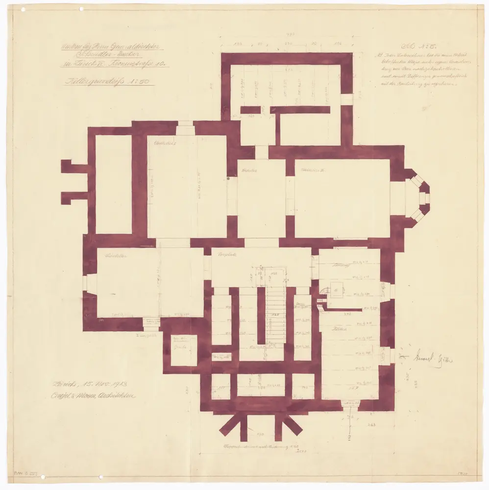 Schindlergut Zürich 6, Liegenschaft Kronenstrasse 10: Umbau für Generaldirektor Schindler-Escher; Keller; Grundriss