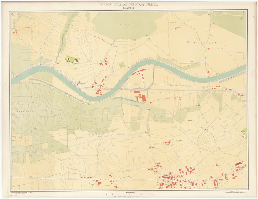 Übersichtsplan der Stadt Zürich und der umliegenden Gemeinden in 23 Blättern: Blatt VII: Teile von Leimbach und Wollishofen