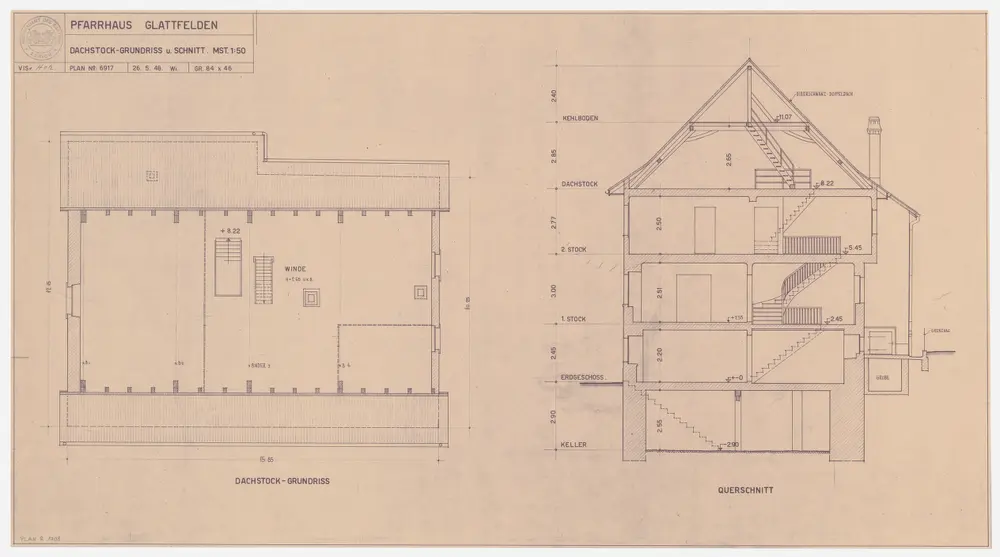 Glattfelden: Pfarrhaus; Grundriss des Dachstocks und Querschnitt