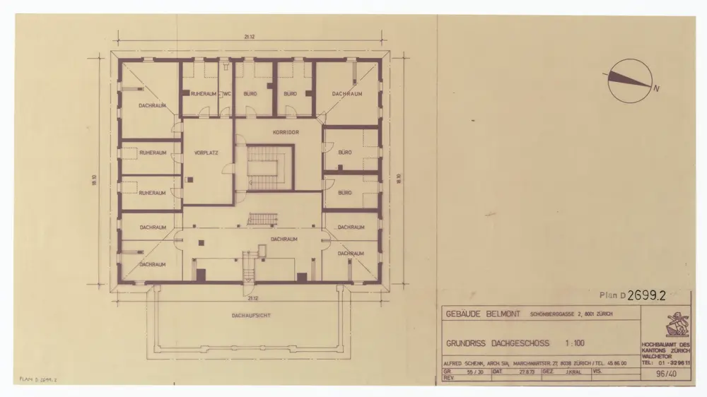 Haus Belmont, Rämistrasse 67: Grundrisse und Schnitt: Dachgeschoss; Grundriss