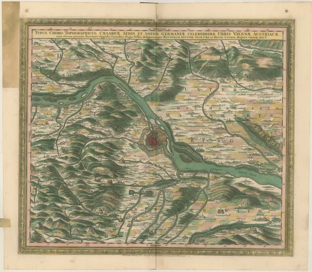 TYPUS CHORO-TOPOGRAPHICUS CAESAREAE SEDIS ET TOTIUS GERMANIAE CELEBERRIMAE URBIS VIENNAE AUSTRIACAE, cum circum jacentis Territorii Oppidis, Coenobiis, Pagis, Villis