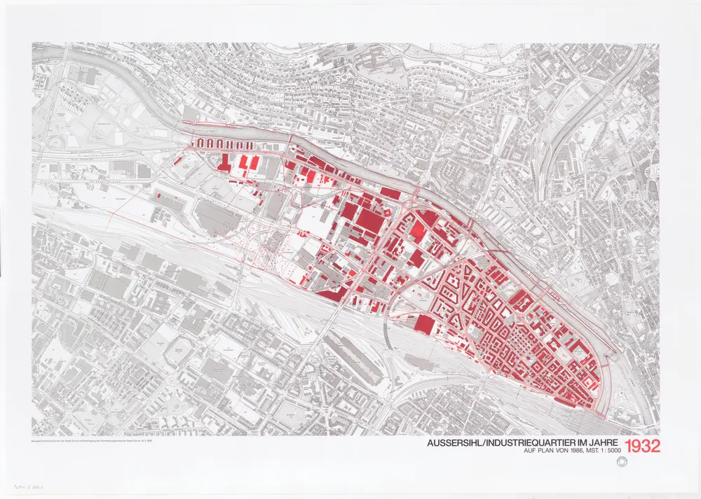 Historische Bauzustände der Zürcher Aussenquartiere in 48 Blättern: Aussersihl/Industriequartier im Jahre 1932 auf einem Plan von 1986; Übersichtsplan