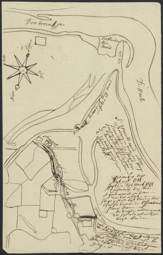 [Manuscript map of the river situation near Schenkenschans and Bijlandsche Waard]