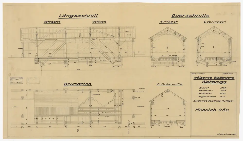 Dübendorf bis Glattfelden: Brücken über die Glatt: Opfikon: Hölzerne Brücke über die Glatt in Glattbrugg; Grundriss und Schnitte