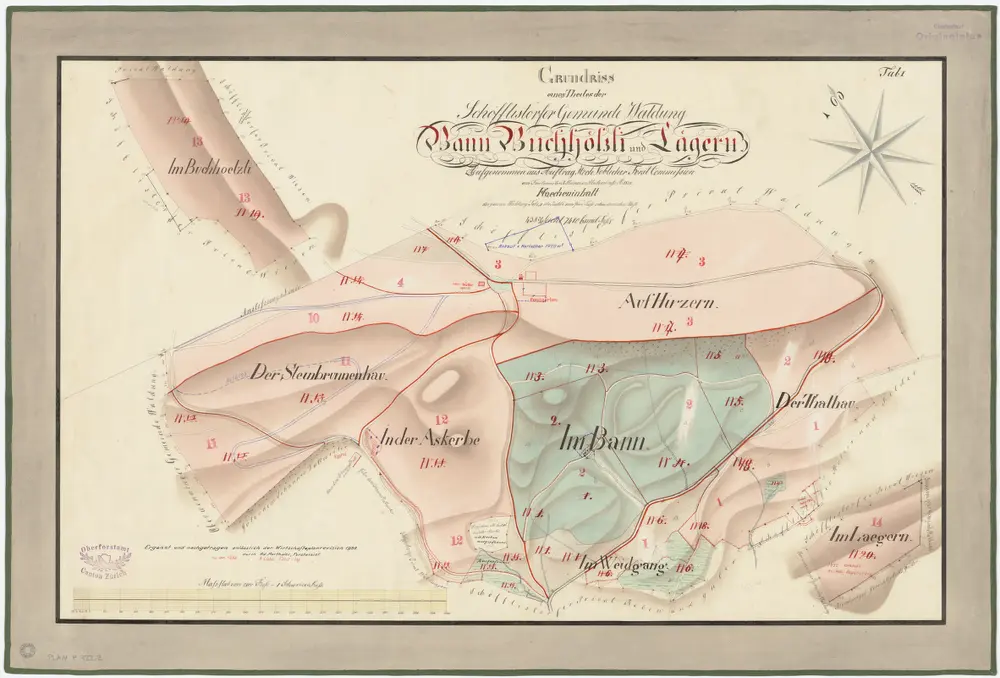 Schöfflisdorf: Gemeindewaldung: Im Lägern, Talhau (Thalhau), Baa (Bann), Askerben (In der Askerbe), Weidgang, Steinbrunnenhau, Buechhölzli (Buchhölzli), Hirzeren (Hirzern); Grundrisse (Tab. I)