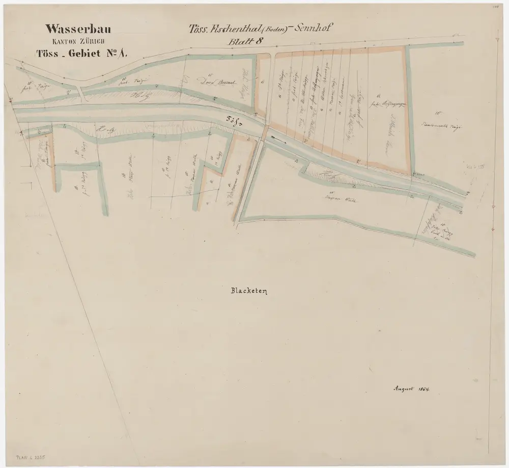 Bauma: Töss von unterhalb der Einmündung des Wallenbachs bis unterhalb der hölzernen Brücke bei Blacketen; Situationsplan (Töss-Gebiet Nr. 1, Blatt 8)