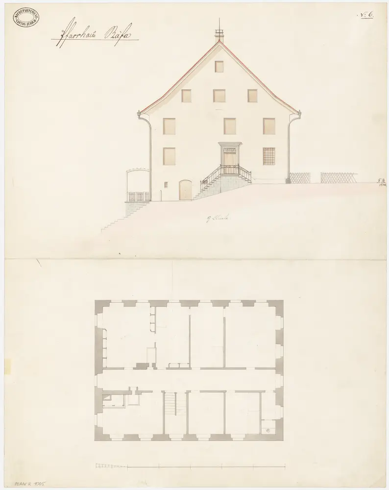 Stäfa: Pfarrhaus; Grundriss des 1. Stocks und Südostansicht (Nr. 6)