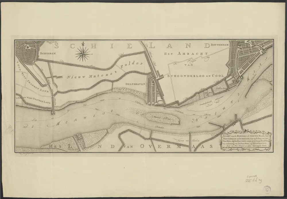 Kaart van de Merwede of Nieuwe Maas, van Rotterdam tot Schiedam, waar op de loop van het vaar-water afgebeeld, en voorts eenige projecten getekend staan ter verbetering van het vaar-water op Delfshaven